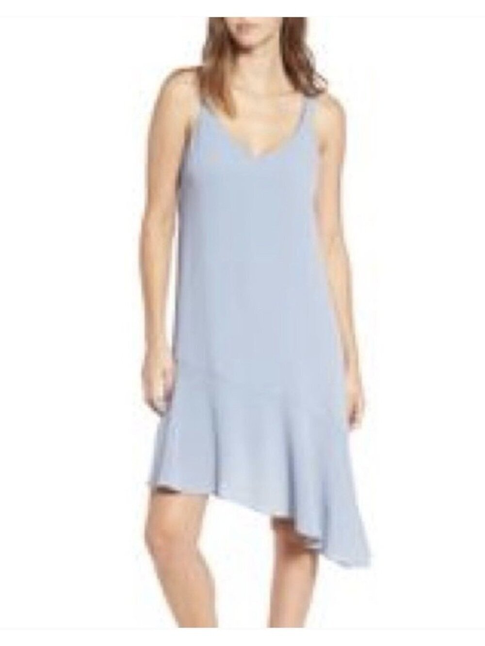 Lush Women’s Slate Blue Ruffle V-Neck Asymmetrical Dress Size XS Sleeveless